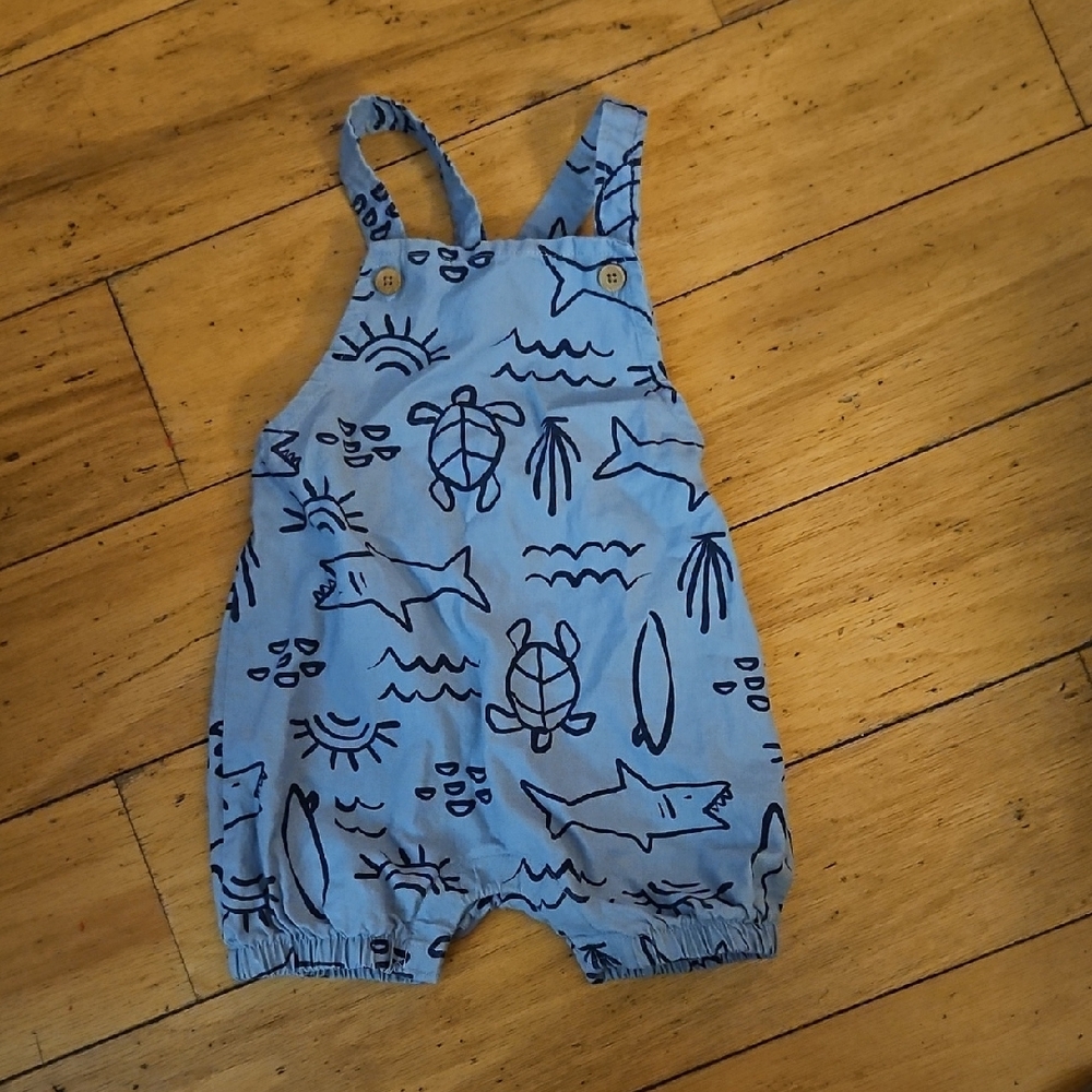 Blue Shark Print Kids Overalls
